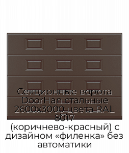 Секционные ворота DoorHan стальные 2600х3000 цвета RAL 8017 (коричнево-красный) с дизайном «филенка» без автоматики preview 1