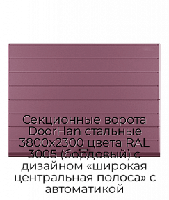 Секционные ворота DoorHan стальные 3800х2300 цвета RAL 3005 (бордовый) с дизайном «широкая центральная полоса» с автоматикой