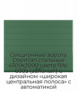 Секционные ворота DoorHan стальные 4300х2000 цвета RAL 6005 (зелёный) с дизайном «широкая центральная полоса» с автоматикой preview 1