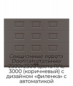 Секционные ворота DoorHan стальные 2500х2500 цвета RAL 3000 (коричневый) с дизайном «филенка» с автоматикой preview 1
