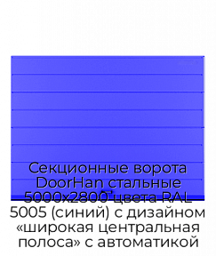 Секционные ворота DoorHan стальные 5000х2800 цвета RAL 5005 (синий) с дизайном «широкая центральная полоса» с автоматикой