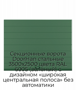 Секционные ворота DoorHan стальные 3500х2500 цвета RAL 6005 (зелёный) с дизайном «широкая центральная полоса» без автоматики preview 1