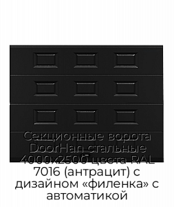 Секционные ворота DoorHan стальные 4000х2500 цвета RAL 7016 (антрацит) с дизайном «филенка» с автоматикой preview 1