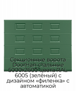 Секционные ворота DoorHan стальные 5000х2600 цвета RAL 6005 (зелёный) с дизайном «филенка» с автоматикой preview 1