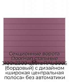 Секционные ворота DoorHan стальные 3100х2300 цвета RAL 3005 (бордовый) с дизайном «широкая центральная полоса» без автоматики