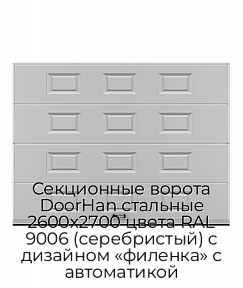 Секционные ворота DoorHan стальные 2600х2700 цвета RAL 9006 (серебристый) с дизайном «филенка» с автоматикой