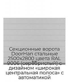 Секционные ворота DoorHan стальные 2500х2800 цвета RAL 9006 (серебристый) с дизайном «широкая центральная полоса» с автоматикой