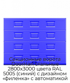 Секционные ворота DoorHan стальные 2800х3000 цвета RAL 5005 (синий) с дизайном «филенка» с автоматикой
