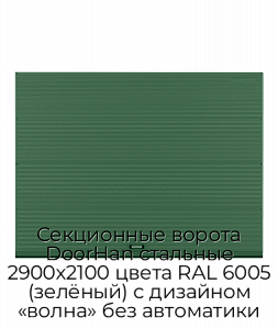Секционные ворота DoorHan стальные 2900х2100 цвета RAL 6005 (зелёный) с дизайном «волна» без автоматики preview 1
