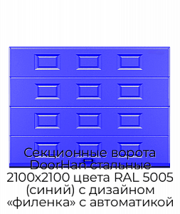 Секционные ворота DoorHan стальные 2100х2100 цвета RAL 5005 (синий) с дизайном «филенка» с автоматикой preview 1