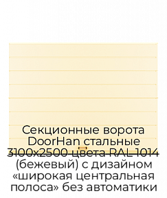 Секционные ворота DoorHan стальные 3100х2500 цвета RAL 1014 (бежевый) с дизайном «широкая центральная полоса» без автоматики