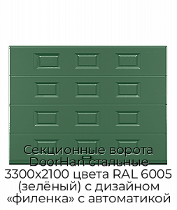 Секционные ворота DoorHan стальные 3300х2100 цвета RAL 6005 (зелёный) с дизайном «филенка» с автоматикой preview 1
