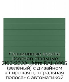 Секционные ворота DoorHan стальные 2100х2500 цвета RAL 6005 (зелёный) с дизайном «широкая центральная полоса» с автоматикой