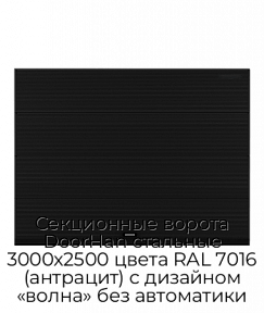 Секционные ворота DoorHan стальные 3000х2500 цвета RAL 7016 (антрацит) с дизайном «волна» без автоматики