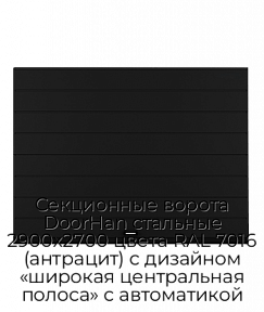 Секционные ворота DoorHan стальные 2900х2700 цвета RAL 7016 (антрацит) с дизайном «широкая центральная полоса» с автоматикой