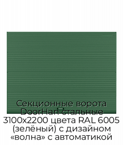 Секционные ворота DoorHan стальные 3100х2200 цвета RAL 6005 (зелёный) с дизайном «волна» с автоматикой preview 1