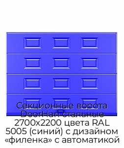 Секционные ворота DoorHan стальные 2700х2200 цвета RAL 5005 (синий) с дизайном «филенка» с автоматикой preview 1