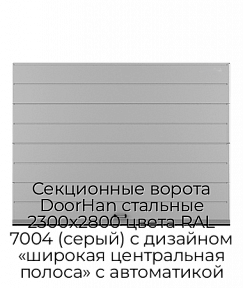 Секционные ворота DoorHan стальные 2300х2800 цвета RAL 7004 (серый) с дизайном «широкая центральная полоса» с автоматикой