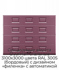 Секционные ворота DoorHan стальные 3100х3000 цвета RAL 3005 (бордовый) с дизайном «филенка» с автоматикой preview 1