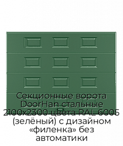 Секционные ворота DoorHan стальные 2100х2300 цвета RAL 6005 (зелёный) с дизайном «филенка» без автоматики