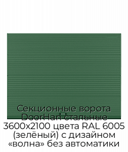 Секционные ворота DoorHan стальные 3600х2100 цвета RAL 6005 (зелёный) с дизайном «волна» без автоматики preview 1