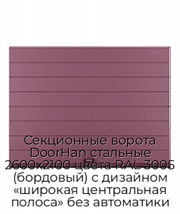 Секционные ворота DoorHan стальные 2600х2100 цвета RAL 3005 (бордовый) с дизайном «широкая центральная полоса» без автоматики preview 1