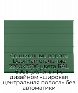Секционные ворота DoorHan стальные 2200х2300 цвета RAL 6005 (зелёный) с дизайном «широкая центральная полоса» без автоматики preview 1