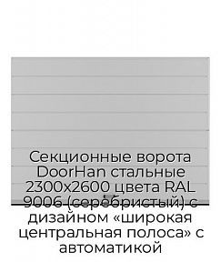 Секционные ворота DoorHan стальные 2300х2600 цвета RAL 9006 (серебристый) с дизайном «широкая центральная полоса» с автоматикой