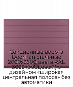 Секционные ворота DoorHan стальные 2000х2800 цвета RAL 3005 (бордовый) с дизайном «широкая центральная полоса» без автоматики preview 1