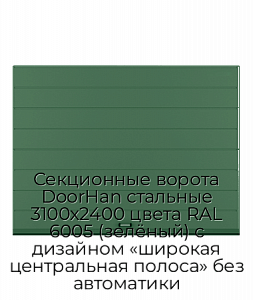 Секционные ворота DoorHan стальные 3100х2400 цвета RAL 6005 (зелёный) с дизайном «широкая центральная полоса» без автоматики preview 1