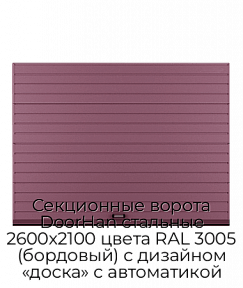 Секционные ворота DoorHan стальные 2600х2100 цвета RAL 3005 (бордовый) с дизайном «доска» с автоматикой