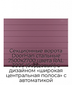 Секционные ворота DoorHan стальные 2500х2700 цвета RAL 3005 (бордовый) с дизайном «широкая центральная полоса» с автоматикой