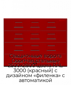 Секционные ворота DoorHan стальные 2500х2800 цвета RAL 3000 (красный) с дизайном «филенка» с автоматикой