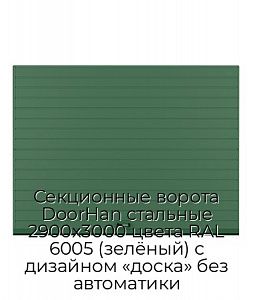 Секционные ворота DoorHan стальные 2900х3000 цвета RAL 6005 (зелёный) с дизайном «доска» без автоматики preview 1