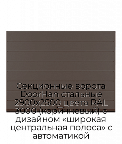 Секционные ворота DoorHan стальные 2900х2500 цвета RAL 3000 (коричневый) с дизайном «широкая центральная полоса» с автоматикой
