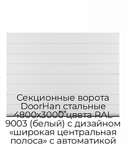 Секционные ворота DoorHan стальные 4800х3000 цвета RAL 9003 (белый) с дизайном «широкая центральная полоса» с автоматикой preview 1