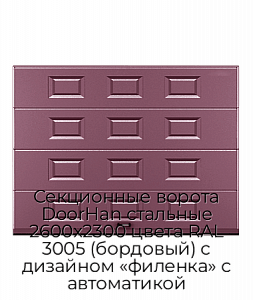 Секционные ворота DoorHan стальные 2600х2300 цвета RAL 3005 (бордовый) с дизайном «филенка» с автоматикой preview 1