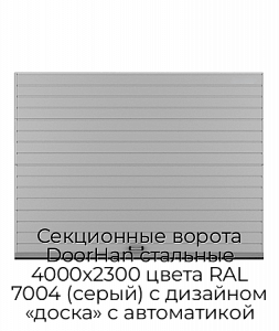 Секционные ворота DoorHan стальные 4000х2300 цвета RAL 7004 (серый) с дизайном «доска» с автоматикой preview 1