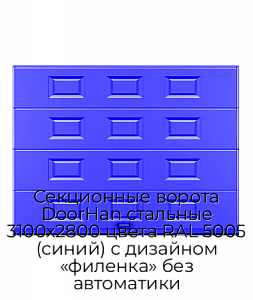 Секционные ворота DoorHan стальные 3100х2800 цвета RAL 5005 (синий) с дизайном «филенка» без автоматики preview 1