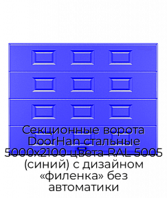 Секционные ворота DoorHan стальные 5000х2100 цвета RAL 5005 (синий) с дизайном «филенка» без автоматики