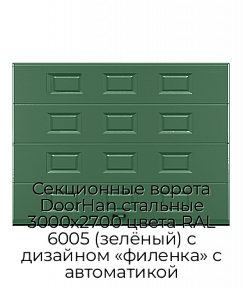 Секционные ворота DoorHan стальные 3000х2700 цвета RAL 6005 (зелёный) с дизайном «филенка» с автоматикой