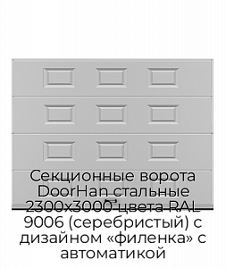 Секционные ворота DoorHan стальные 2300х3000 цвета RAL 9006 (серебристый) с дизайном «филенка» с автоматикой preview 1