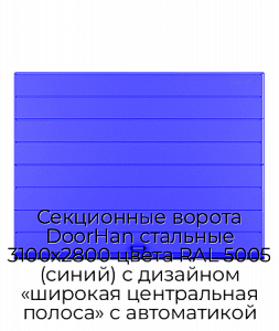 Секционные ворота DoorHan стальные 3100х2800 цвета RAL 5005 (синий) с дизайном «широкая центральная полоса» с автоматикой preview 1