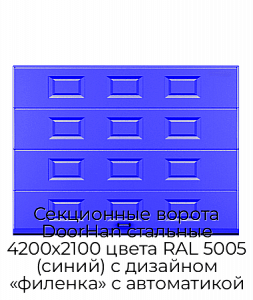 Секционные ворота DoorHan стальные 4200х2100 цвета RAL 5005 (синий) с дизайном «филенка» с автоматикой preview 1