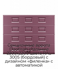 Секционные ворота DoorHan стальные 2300х2200 цвета RAL 3005 (бордовый) с дизайном «филенка» с автоматикой