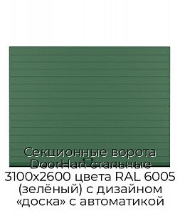 Секционные ворота DoorHan стальные 3100х2600 цвета RAL 6005 (зелёный) с дизайном «доска» с автоматикой preview 1