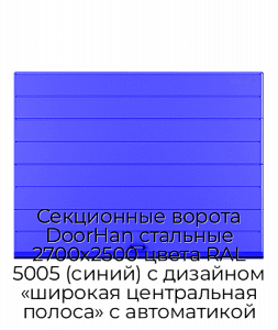Секционные ворота DoorHan стальные 2700х2500 цвета RAL 5005 (синий) с дизайном «широкая центральная полоса» с автоматикой preview 1