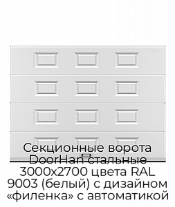 Секционные ворота DoorHan стальные 3000х2700 цвета RAL 9003 (белый) с дизайном «филенка» с автоматикой preview 1
