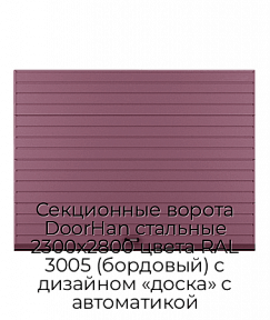 Секционные ворота DoorHan стальные 2300х2800 цвета RAL 3005 (бордовый) с дизайном «доска» с автоматикой