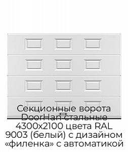 Секционные ворота DoorHan стальные 4300х2100 цвета RAL 9003 (белый) с дизайном «филенка» с автоматикой preview 1